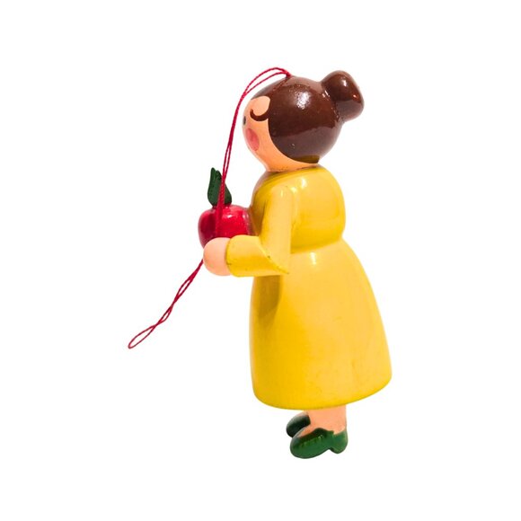 Midwest Wooden Christmas Ornament Teacher Holding Apple 3” Tall Yellow Dress - Picture 3 of 3
